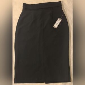 Eva Mendes New York & Co black mid length pincel skirt with gold buckle